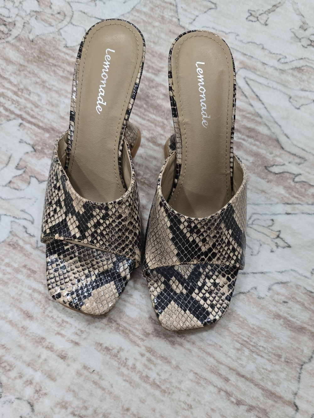 Snake-Print Slip-On Mules in Beige and Black